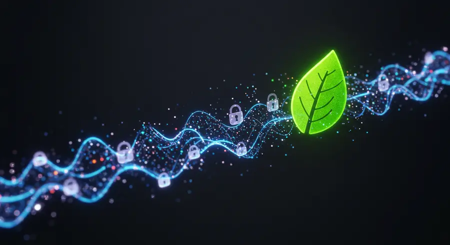 A stylized depiction of data flowing securely, with a green leaf or energy-efficient symbol integrated into the network, illustrating the intersection of data privacy, security, and environmental sustainability.