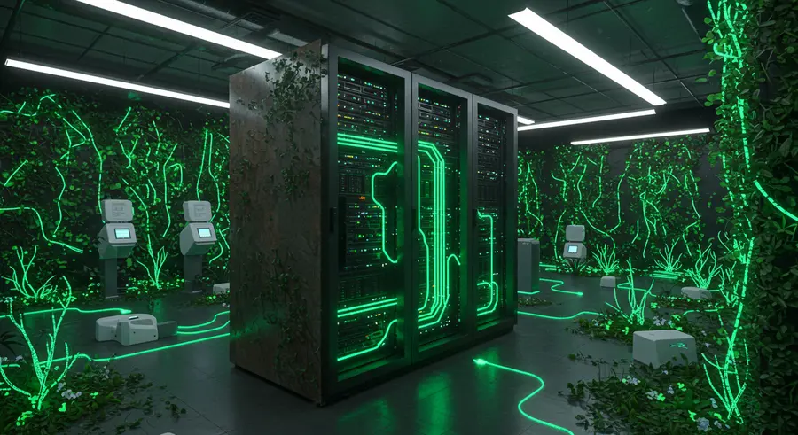 Sustainable server rack with glowing green lines, surrounded by small, energy-efficient edge devices in a futuristic, eco-friendly data center.